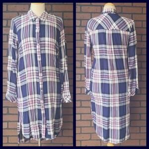 GB Gianni Bini Blue Plaid Button Up Shirt Dress Size Large
